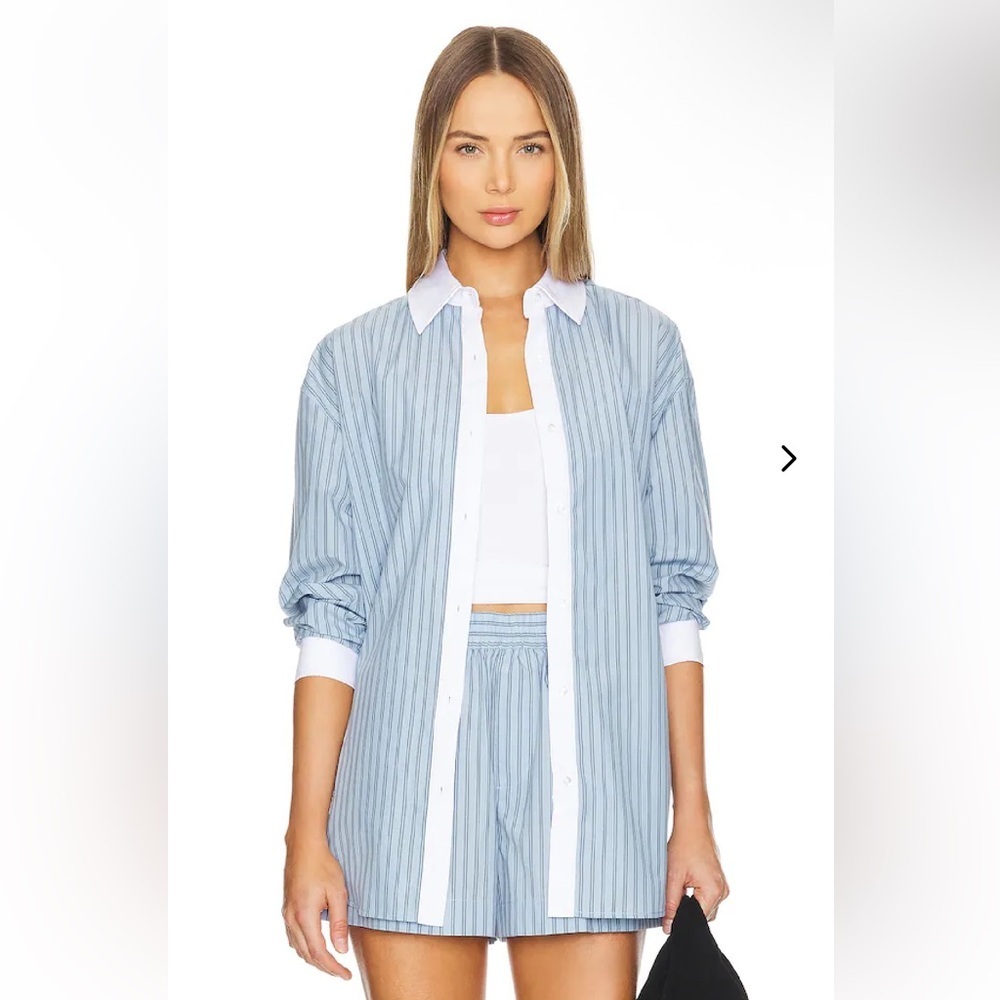 Lovers + Friends ALICE OVERSIZED TOP Blue Striped Dress Shirt Revolve L
